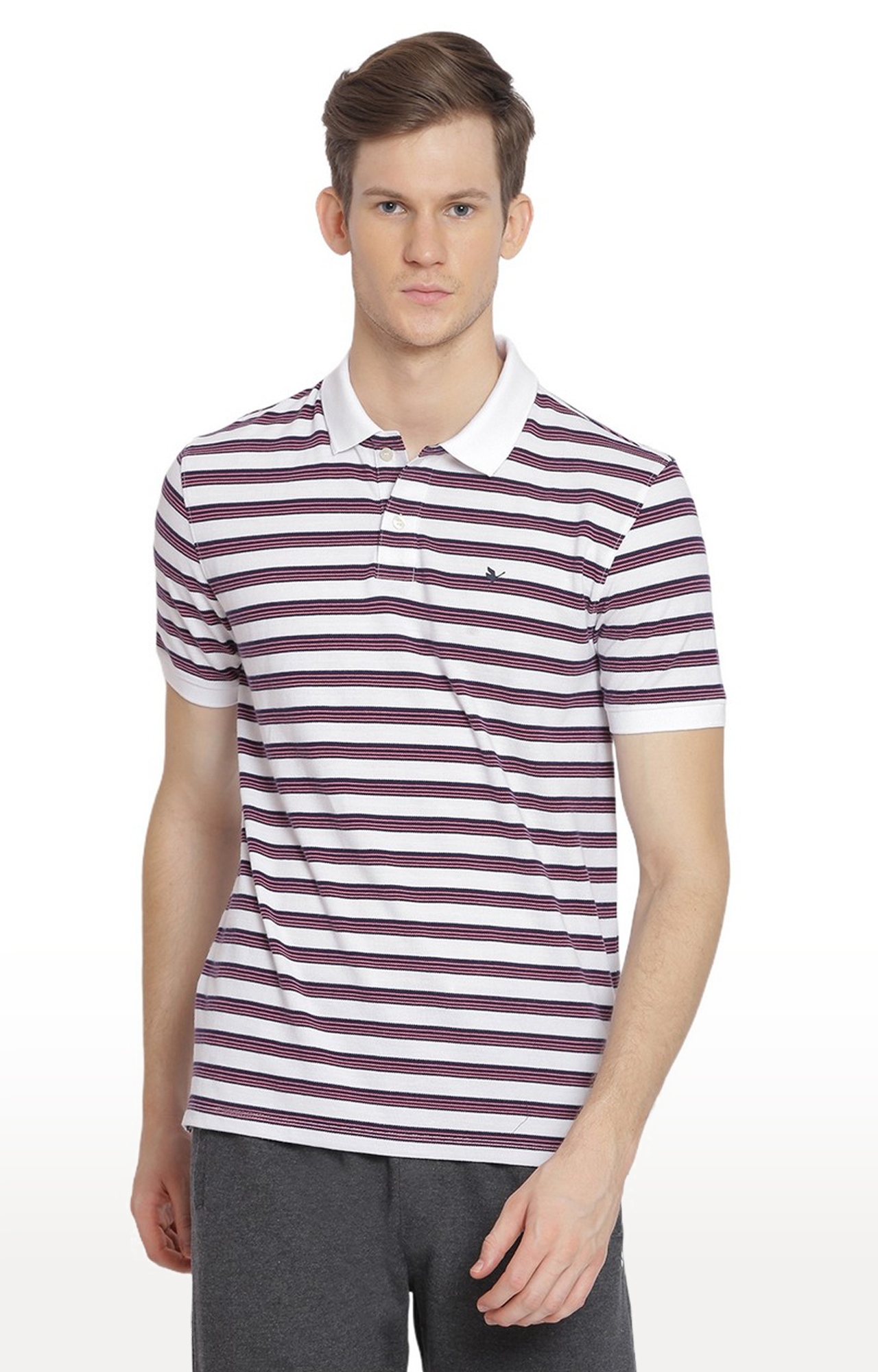 Men's White and Red Cotton Striped Polo T-Shirt