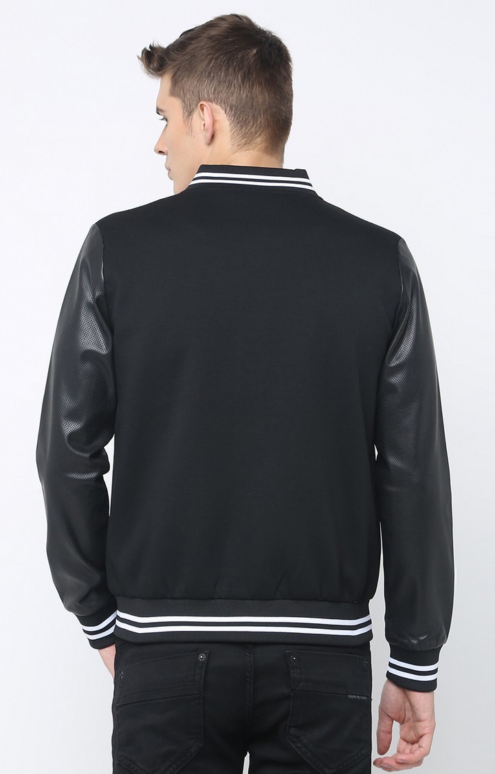 Men's Black Cotton Blend Solid Varsity Jackets