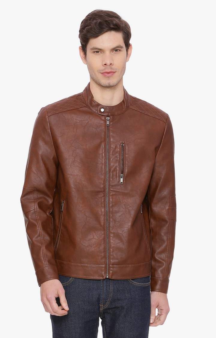 Men s Brown Rayon Blend Solid Leather Jackets