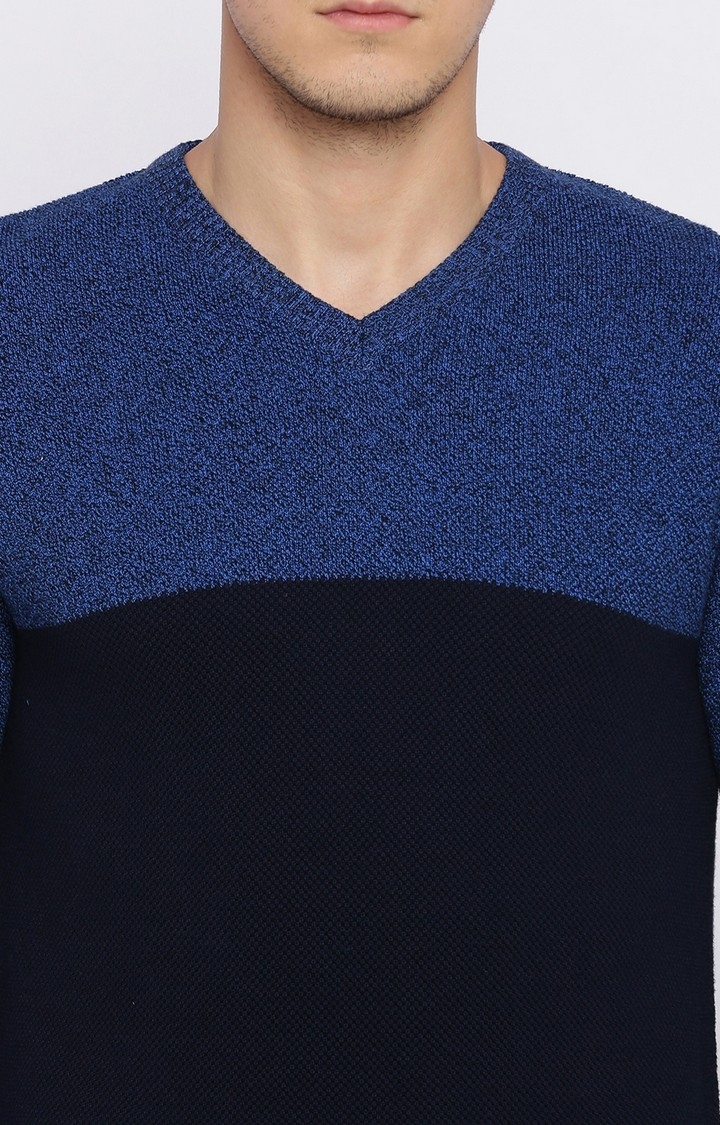 Basics | Men's Blue Cotton Colourblock Sweaters 1
