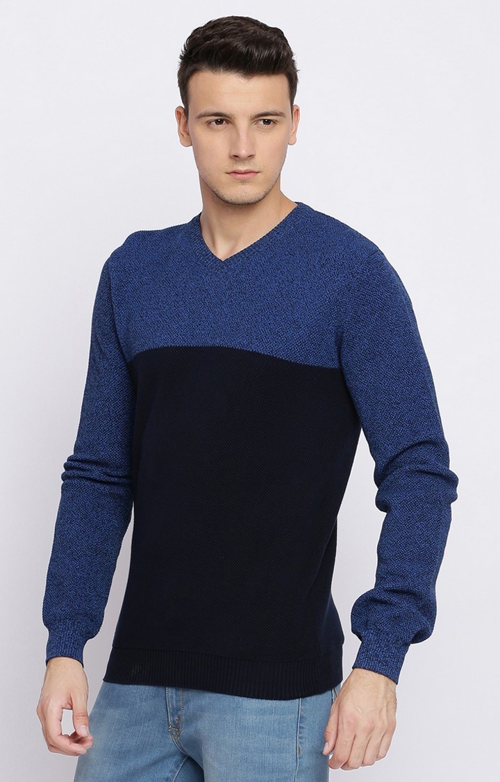 Basics | Men's Blue Cotton Colourblock Sweaters 0