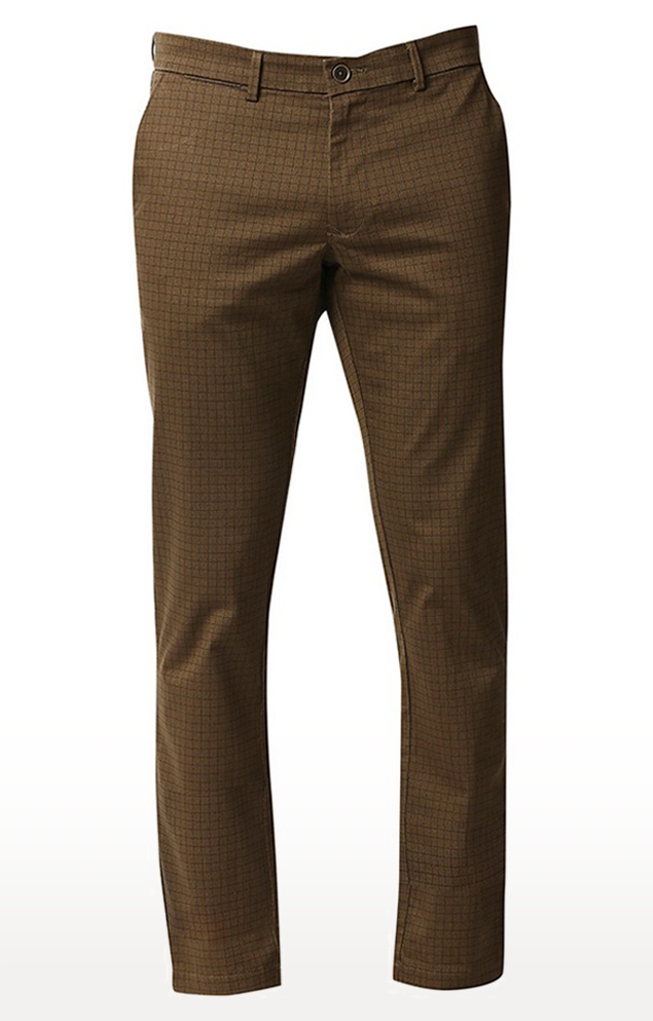 Basics | Men's Brown Cotton Blend Checked Trouser 0