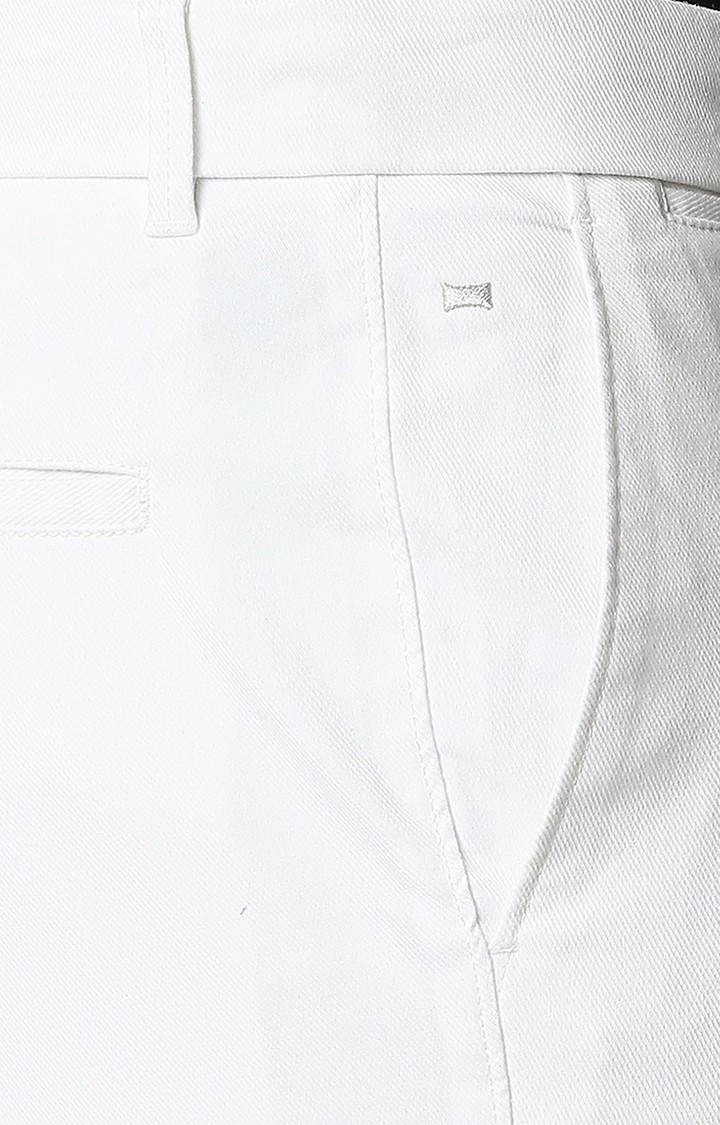 Men's White Cotton Blend Solid Trouser