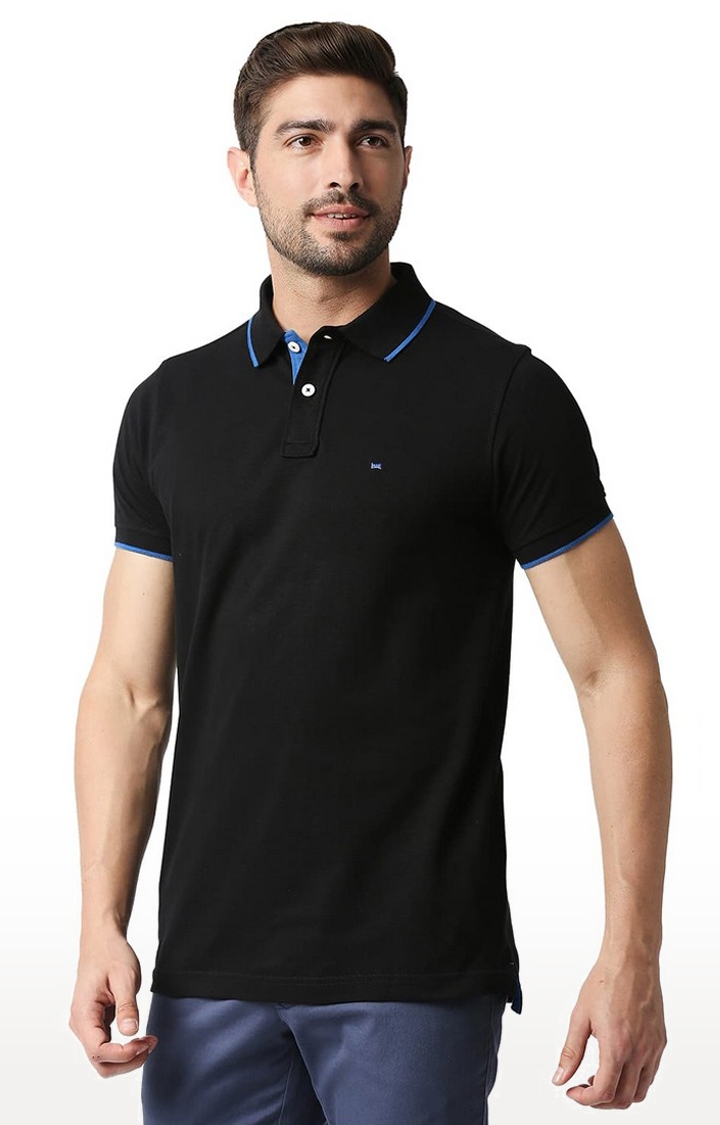 Basics | Men's Black Cotton Solid Polo T-Shirt 0