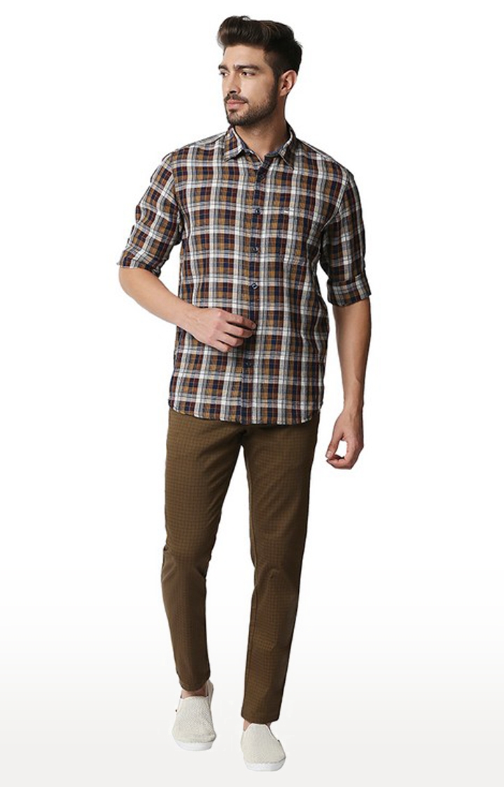 Basics | Men's Brown Cotton Blend Checked Casual Shirt 1