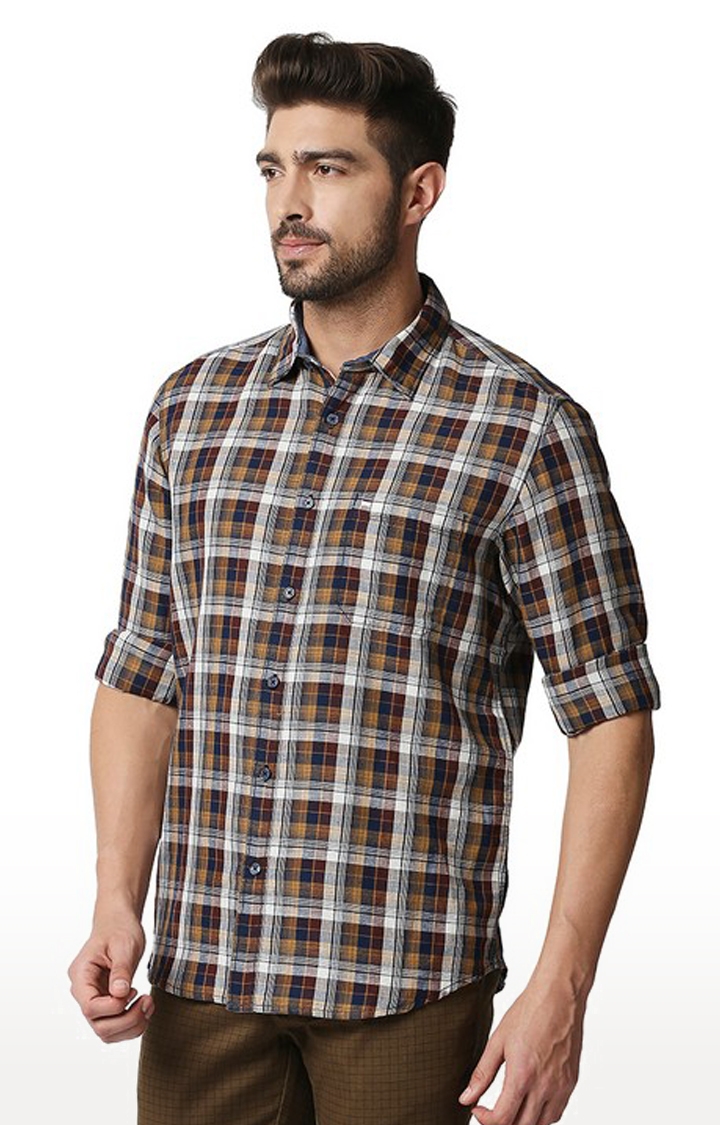 Basics | Men's Brown Cotton Blend Checked Casual Shirt 0