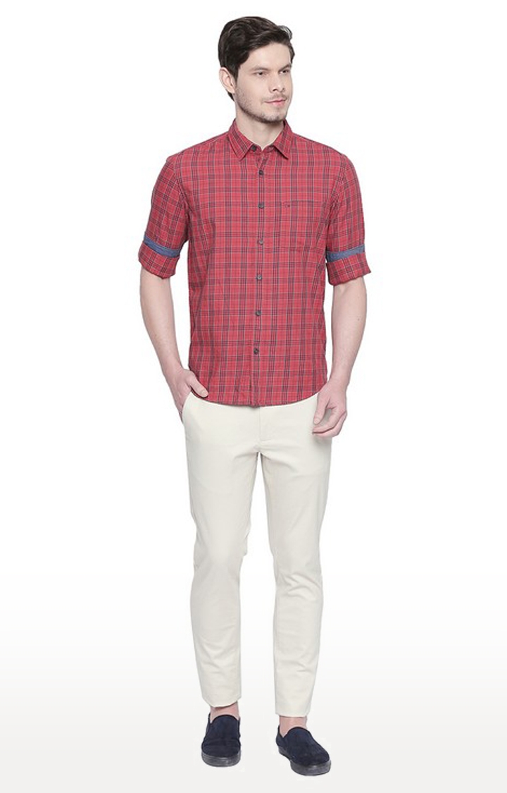 Basics | Men's Red Cotton Checked Casual Shirt 0