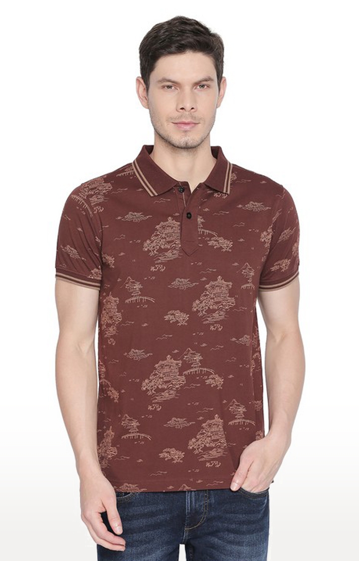 Basics | Men's Brown Cotton Printed Polo T-Shirt 0