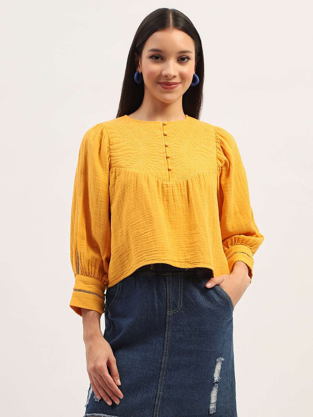 MADAME LADIES WESTERN TOP H/S M4S18615 048 MUSTARD