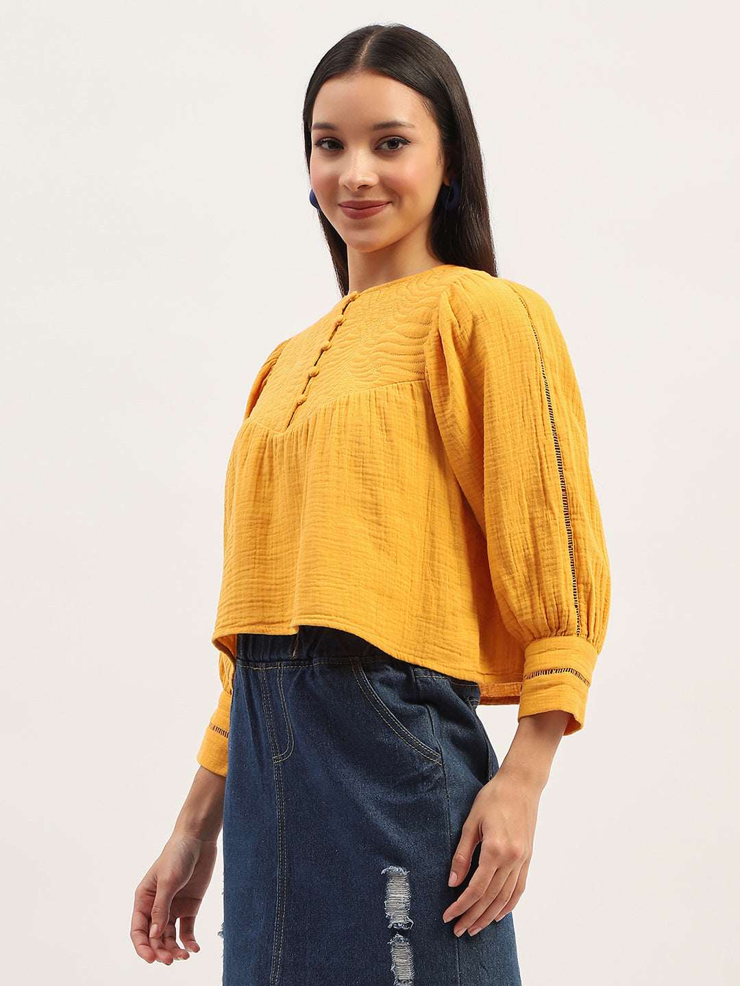 MADAME LADIES WESTERN TOP H/S M4S18615 048 MUSTARD