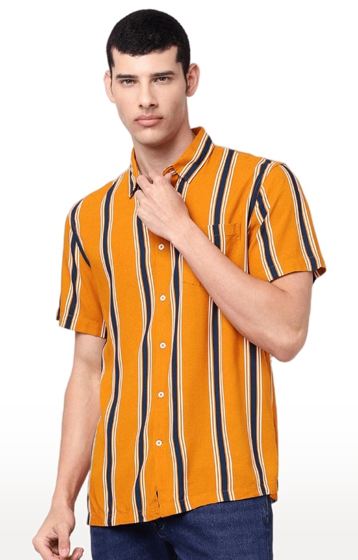 celio | Men's Orange Striped Casual Shirts