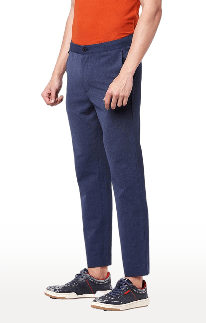 Men's Blue Polyester Melange Casual Pants