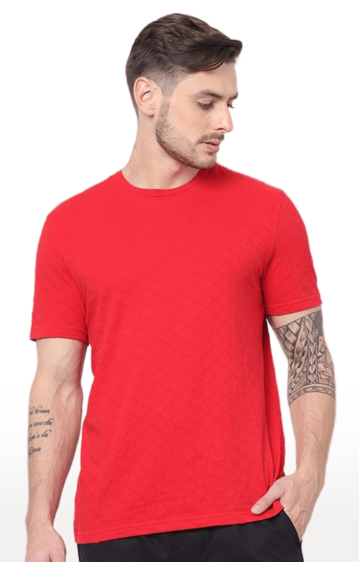 celio | Men's Red Textured Regular T-Shirts