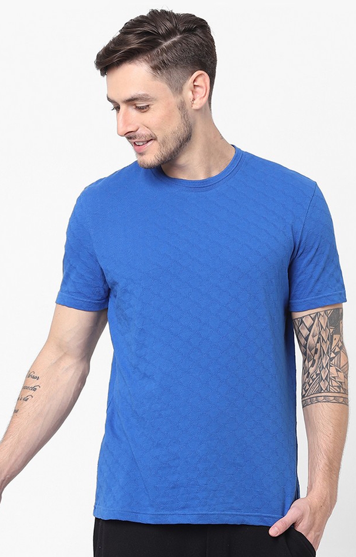 Men's Blue Textured Regular T-Shirts
