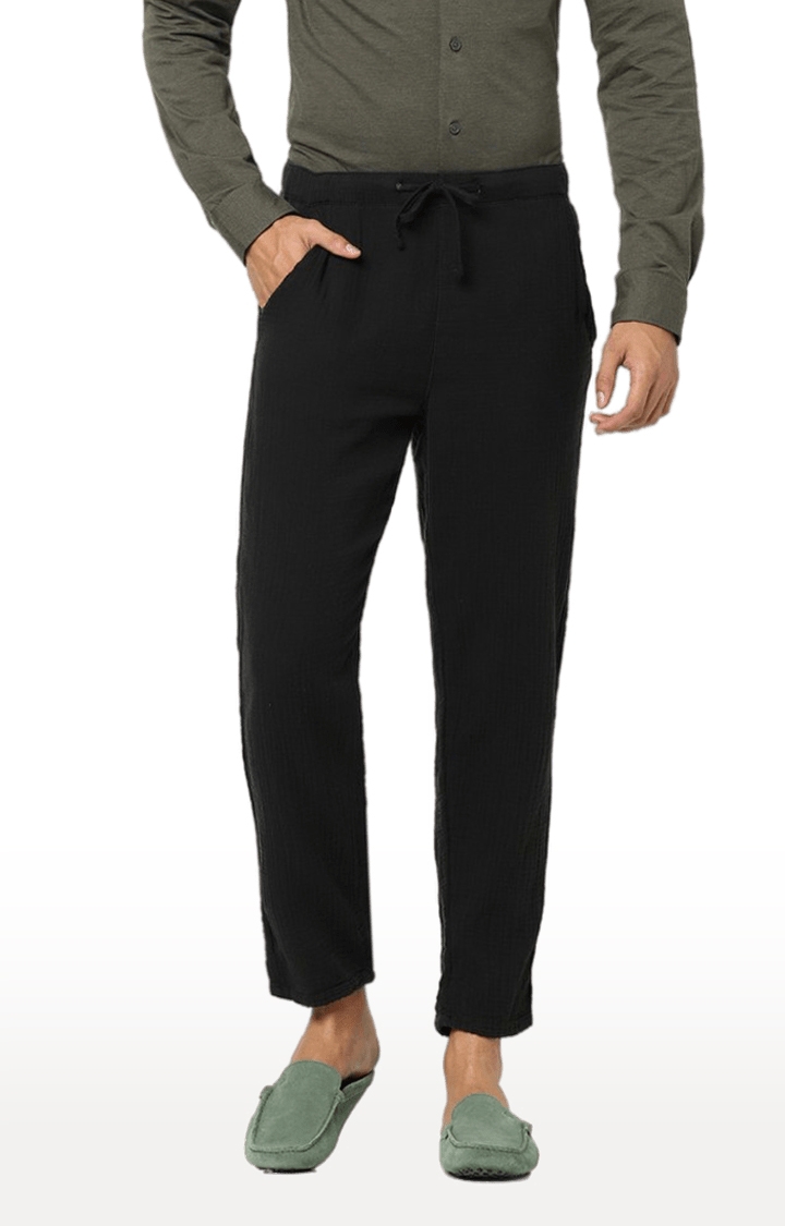 Men's Black Cotton Solid Casual Pants