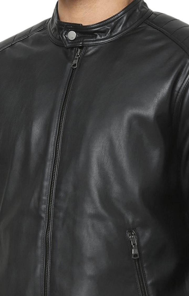celio | Men's Black Solid Leather Jackets 5