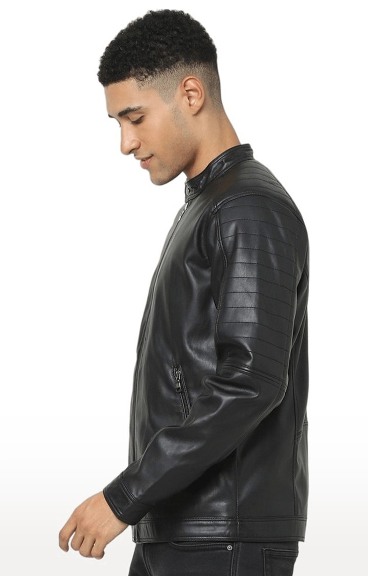 Men's Black Solid Leather Jackets