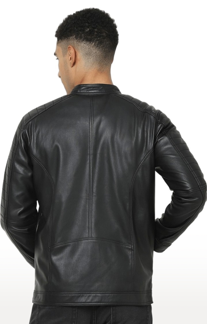 celio | Men's Black Solid Leather Jackets 4