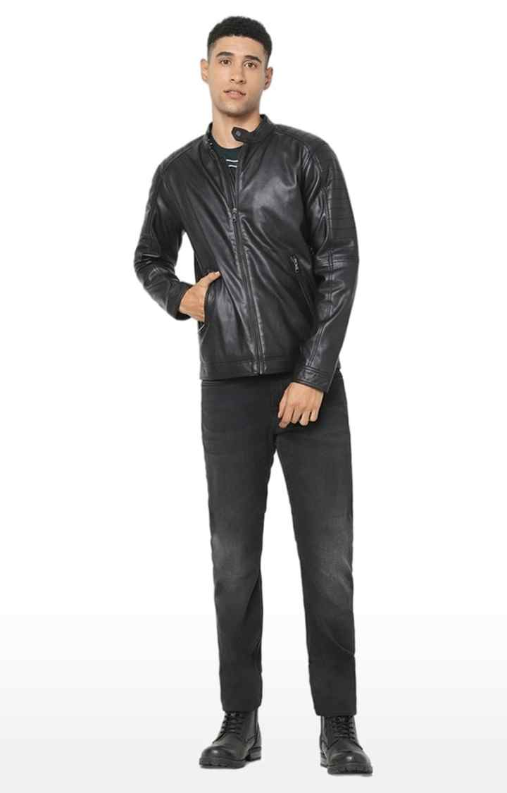 Men's Black Solid Leather Jackets