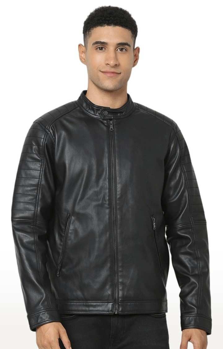 Men's Black Solid Leather Jackets