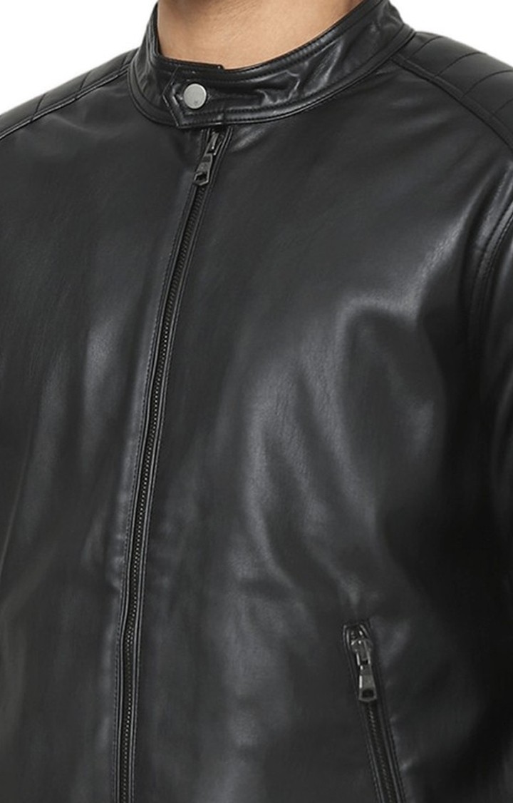Men's Black Solid Leather Jackets