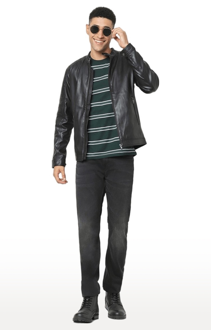 celio | Men's Black Solid Leather Jackets 2