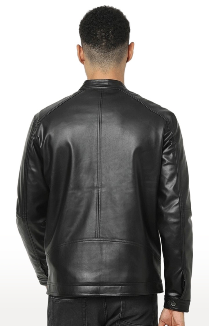 Men's Black Solid Leather Jackets