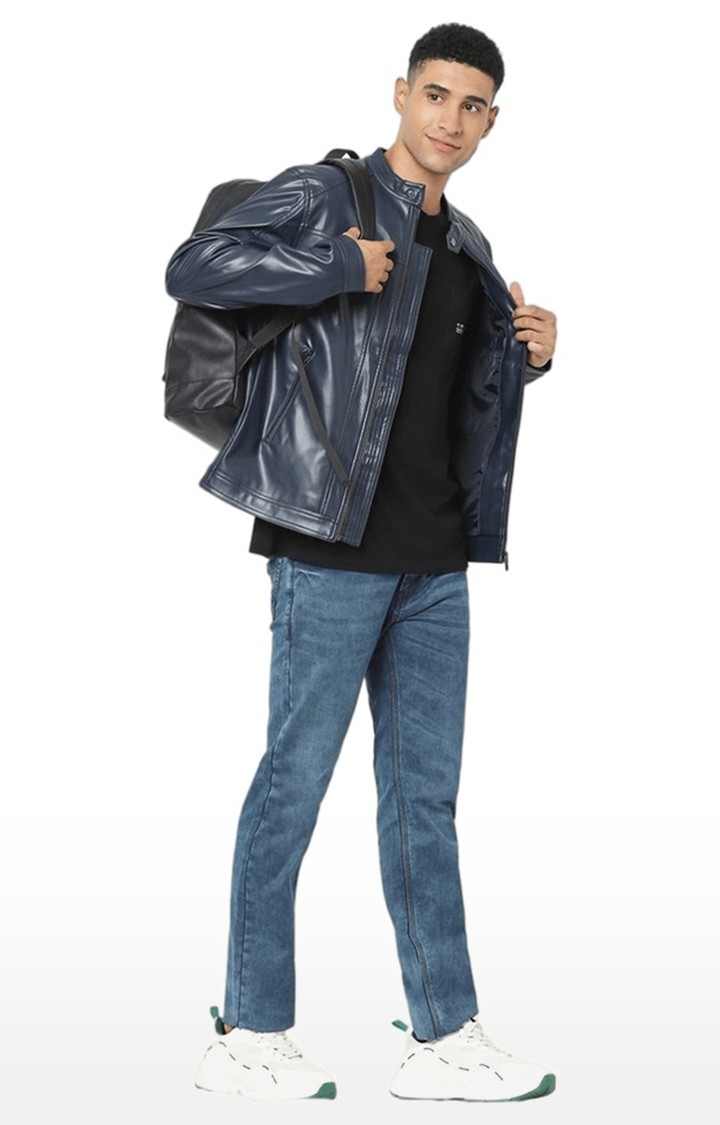 Men's Blue Solid Leather Jackets