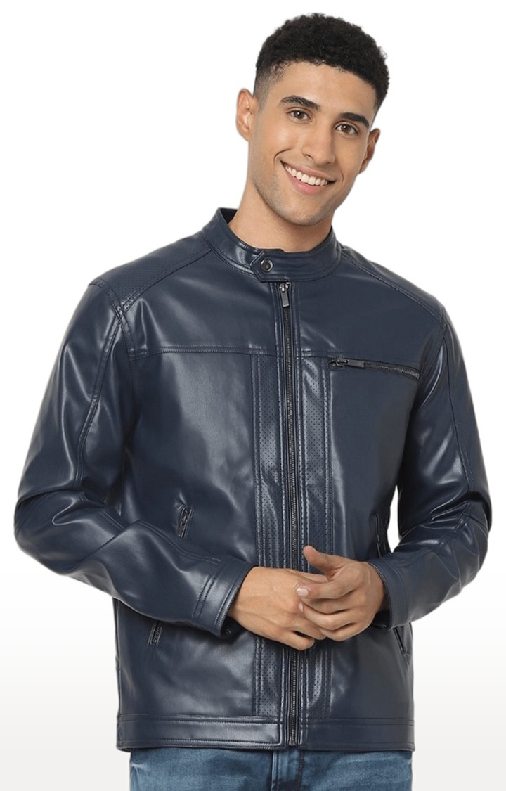 Men's Blue Solid Leather Jackets