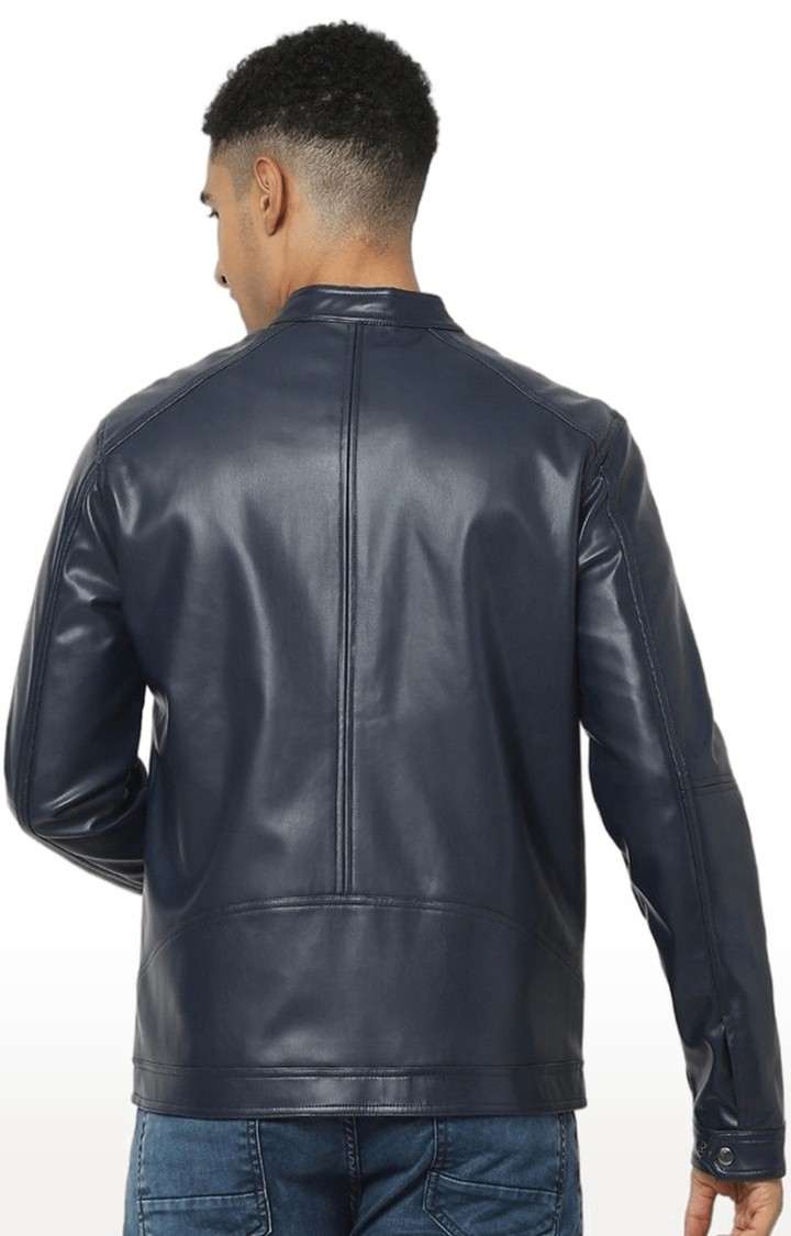 Men's Blue Solid Leather Jackets