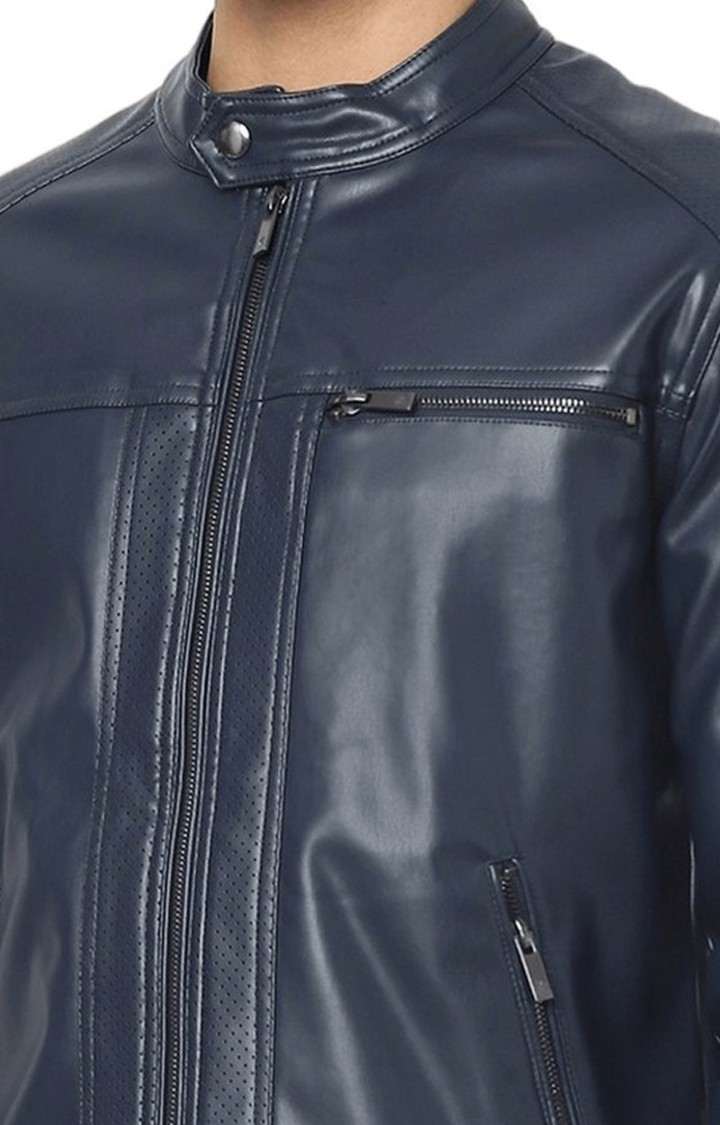 Men's Blue Solid Leather Jackets