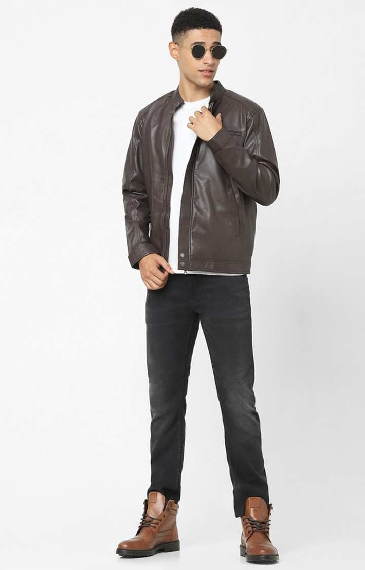 Men's Brown Solid Leather Jackets
