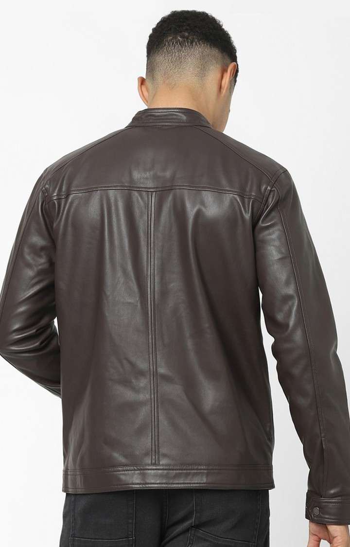 Men's Brown Solid Leather Jackets
