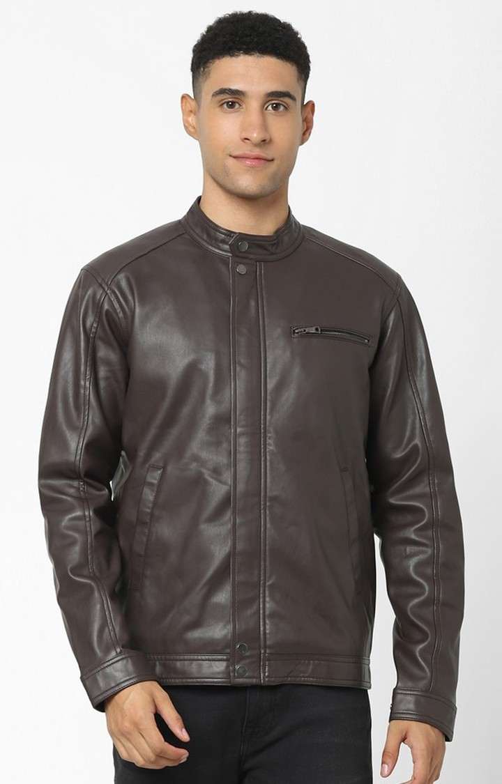 Men's Brown Solid Leather Jackets