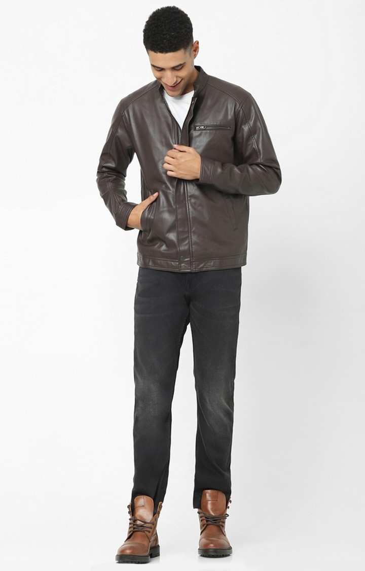 Men's Brown Solid Leather Jackets