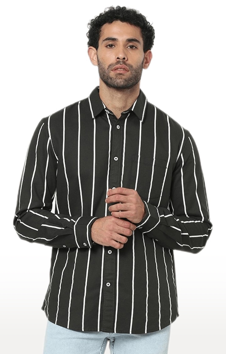 celio | Men's Green Striped Casual Shirts