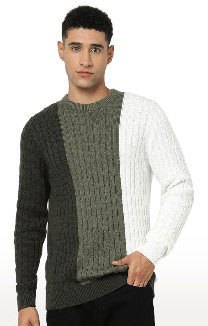 celio | Men's Green Colourblock Sweaters