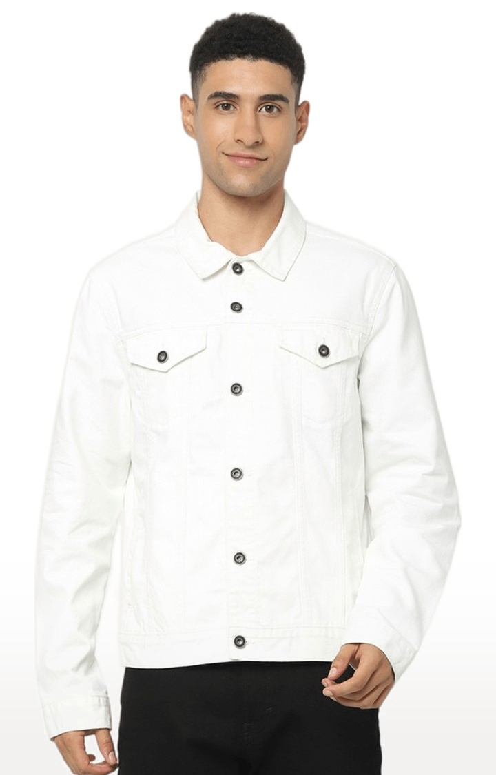 Men's White Solid Denim Jackets