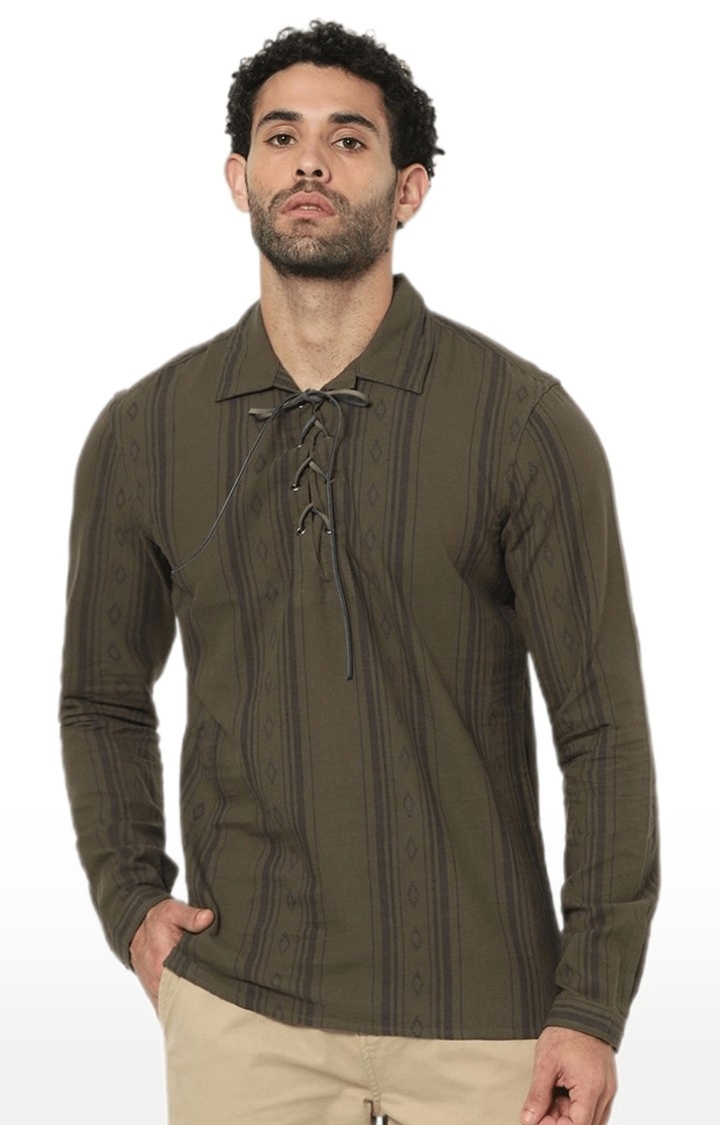 celio | Men's Brown Striped Regular T-Shirts