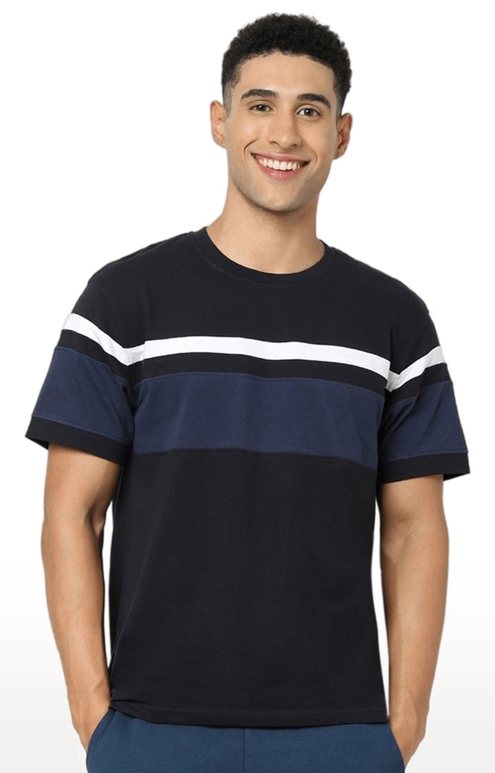 celio | Men's Black Striped Regular T-Shirts