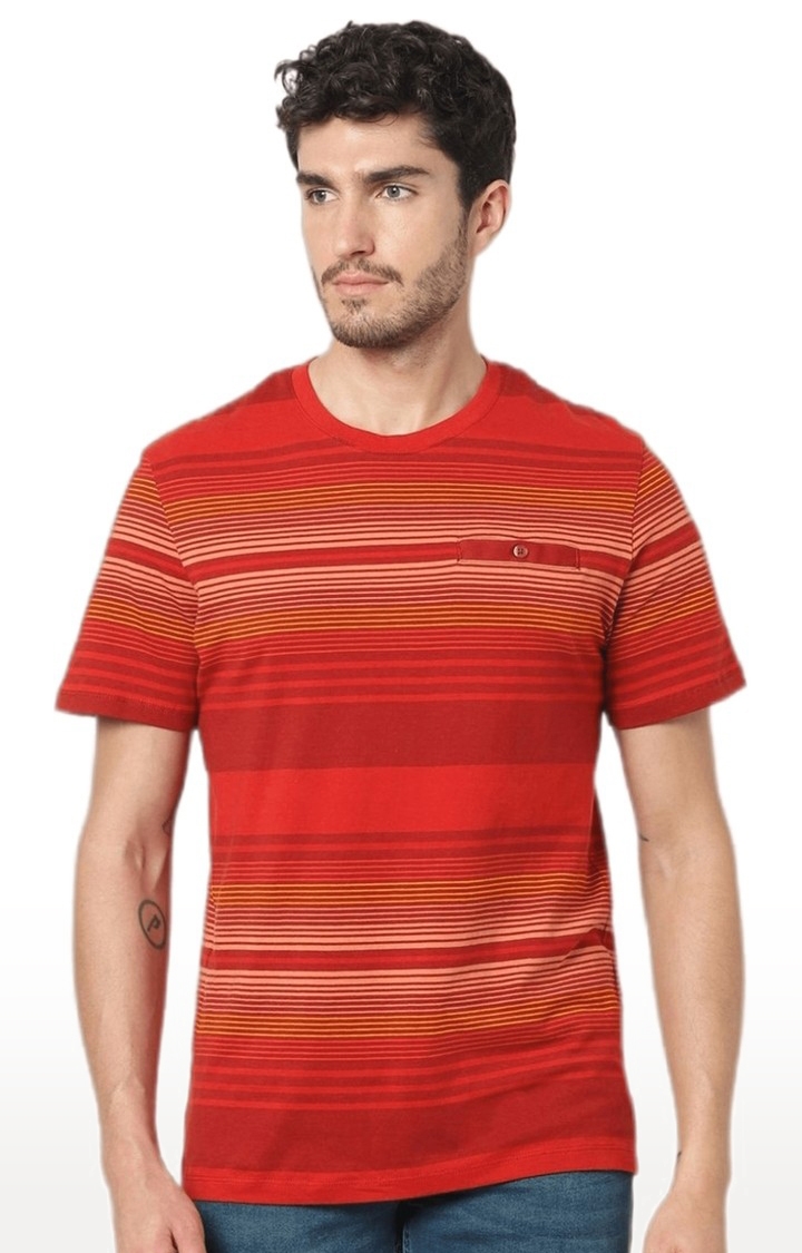 celio | Men's Red Striped Regular T-Shirts