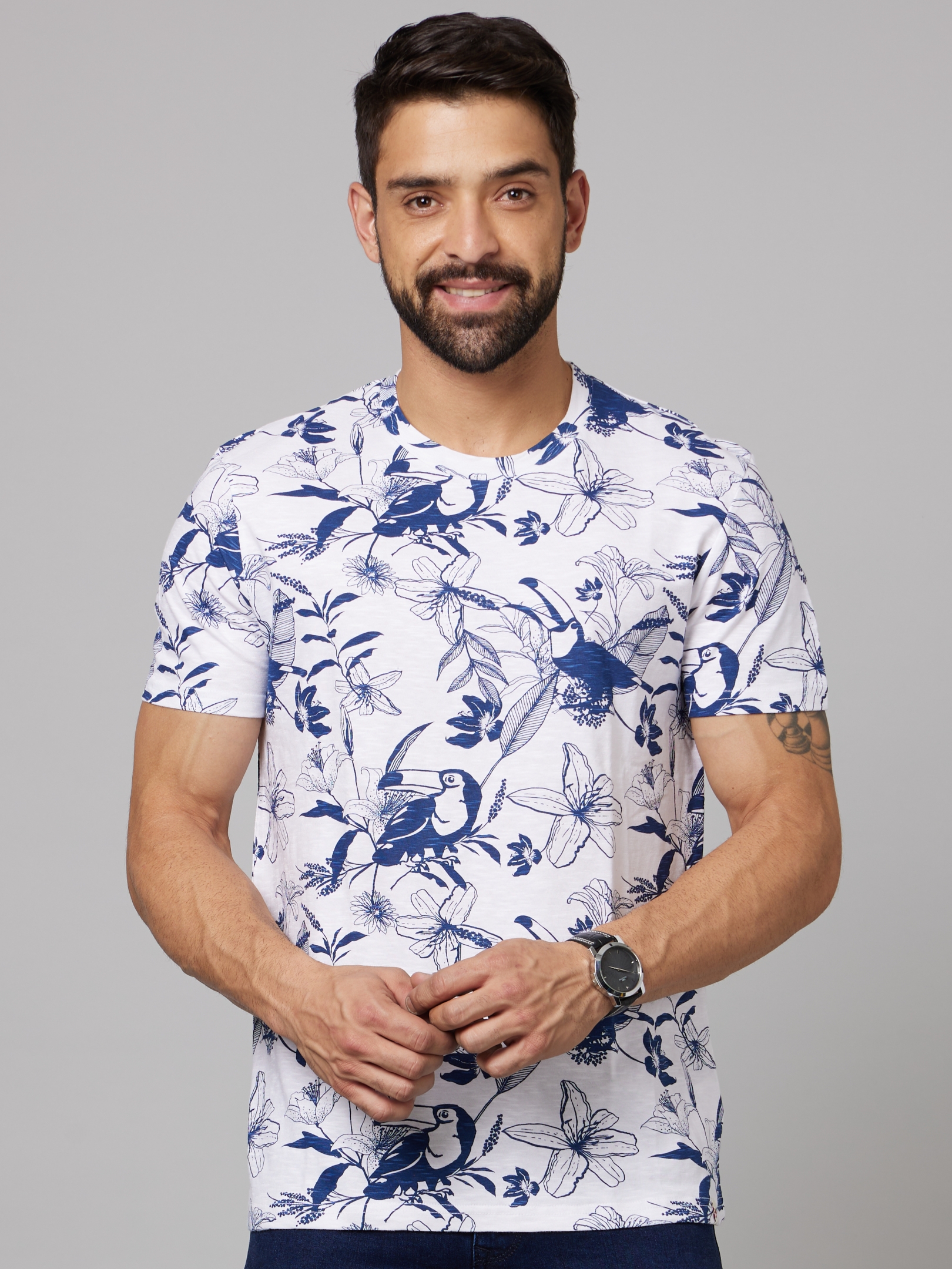 celio | Men's White Floral Regular T-Shirts