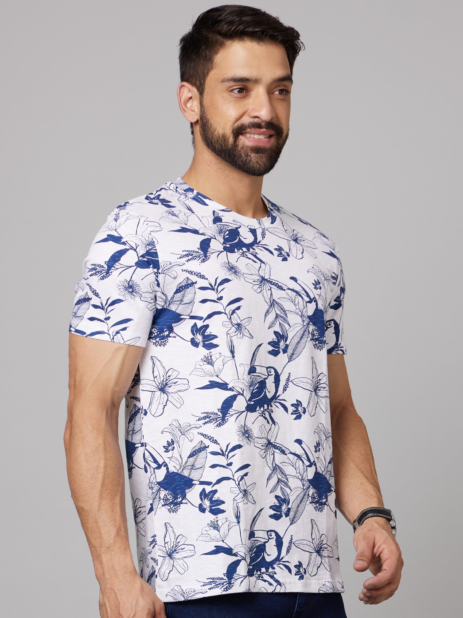 Men's White Floral Regular T-Shirts