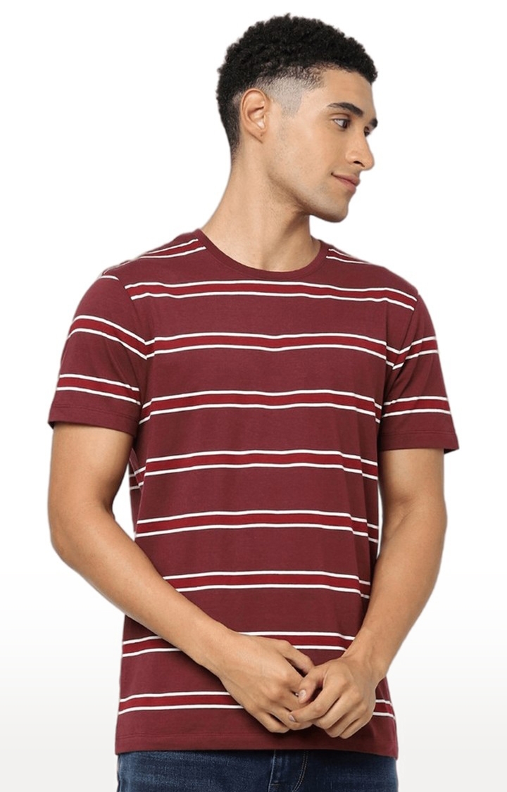 celio | Men's Red Striped Regular T-Shirts