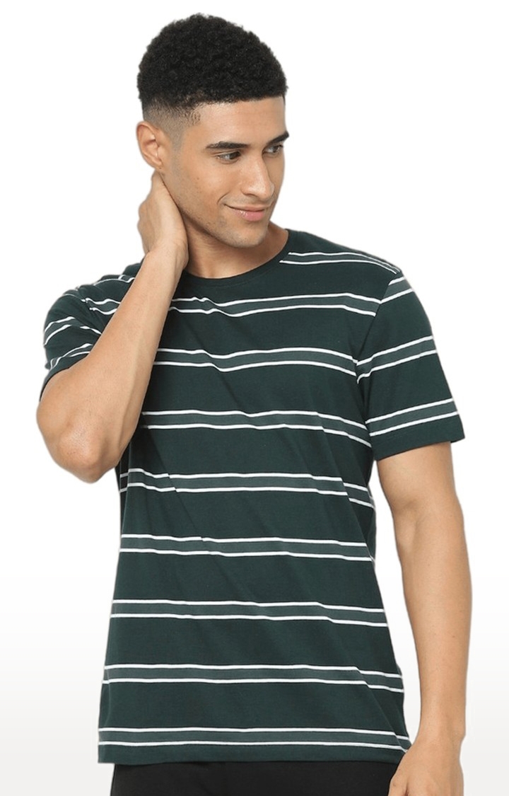 celio | Men's Green Striped Regular T-Shirts