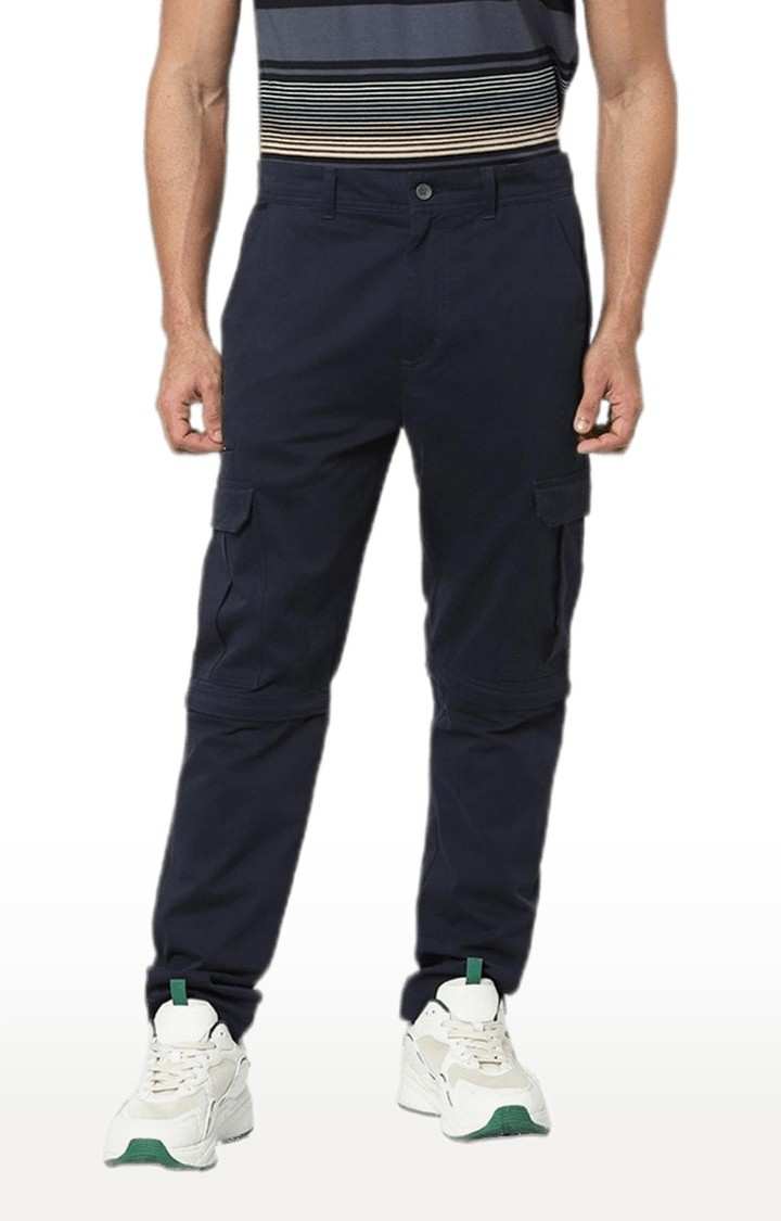Men's Blue Cotton Solid Cargos