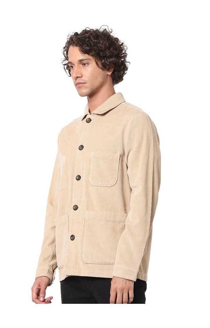 Men's Beige Solid Denim Jackets