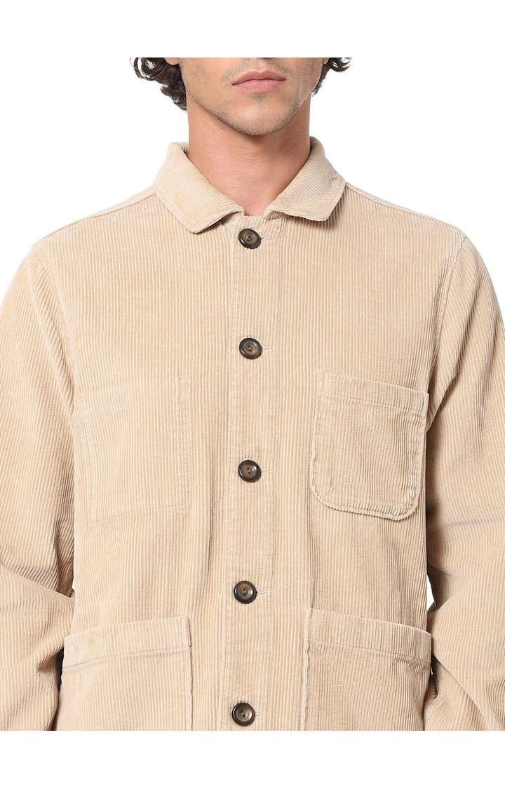Men's Beige Solid Denim Jackets