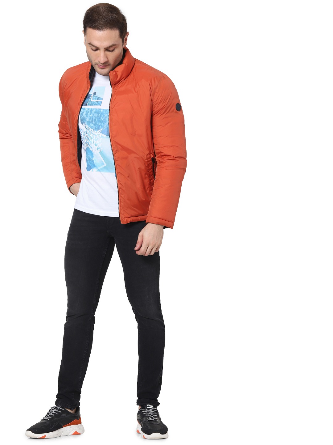 celio | Men's Orange Solid Bomber Jackets 5