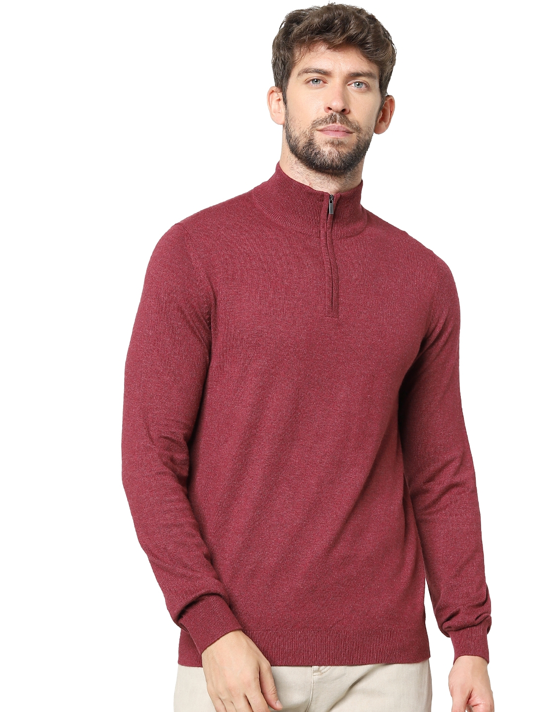 Men's Burgundy Solid Sweaters